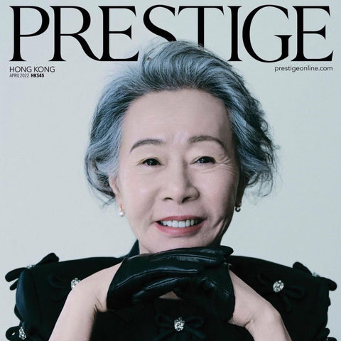 Youn Yuh-Jung in the cover for Prestige Hong Kong wearing gloves by Handsome Stockholm.