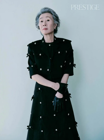 Youn Yuh-Jung in the cover story for Prestige Hong Kong wearing Handsome Stockholm gloves