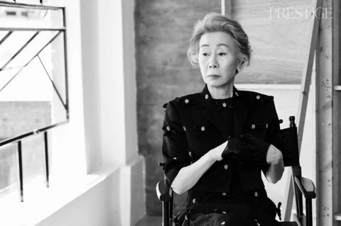 Youn Yuh-Jung in the cover story for Prestige Hong Kong wearing gloves by Handsome Stockholm.